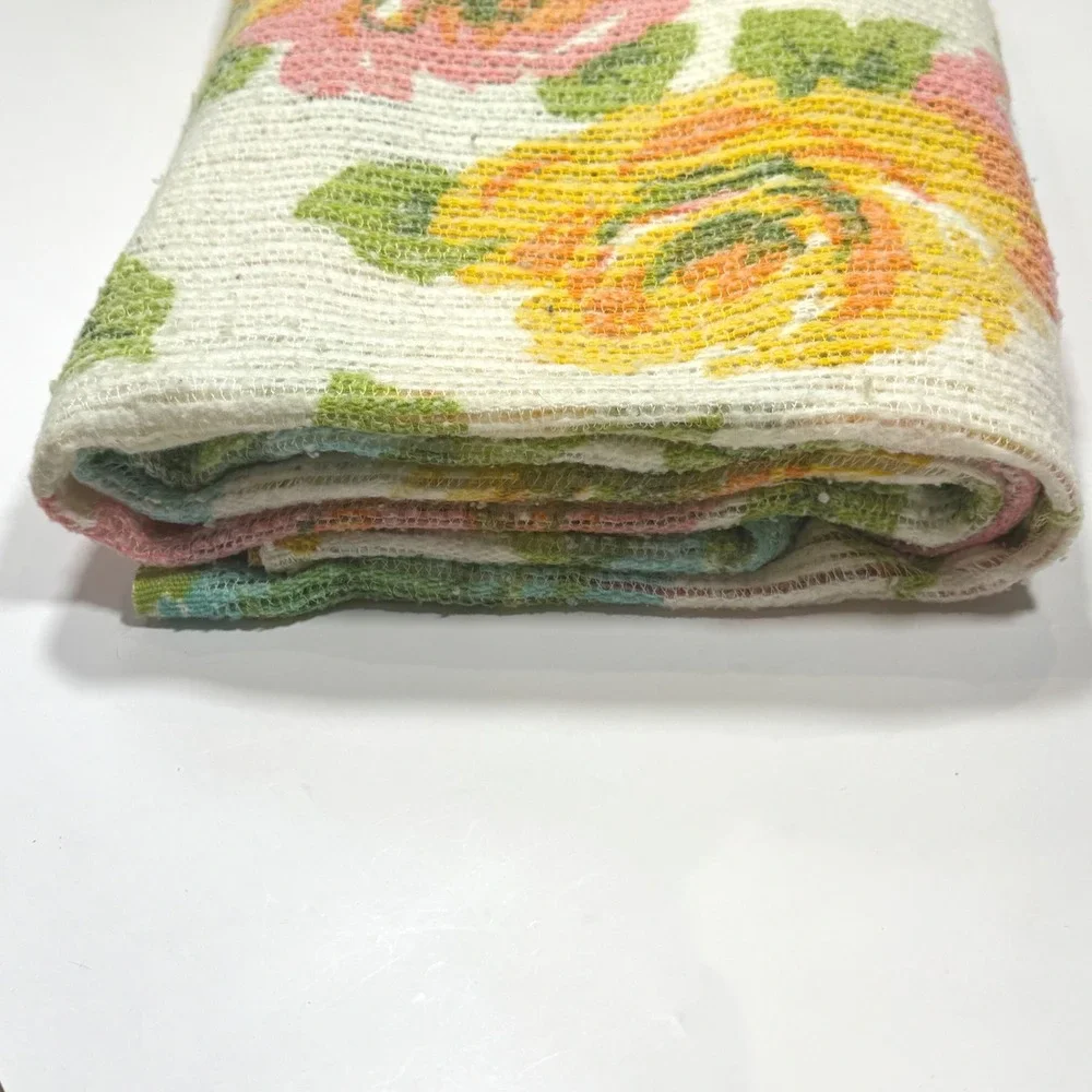 Vintage Summer Woven Cotton Thermal Twin Blanket Silky Trim Retro Rose Pattern